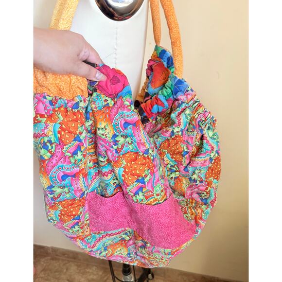 90s VTG Handmade Quilted Hobo Bag Colorful Patchwork Boho Tote Frog Fish - Picture 4 of 5